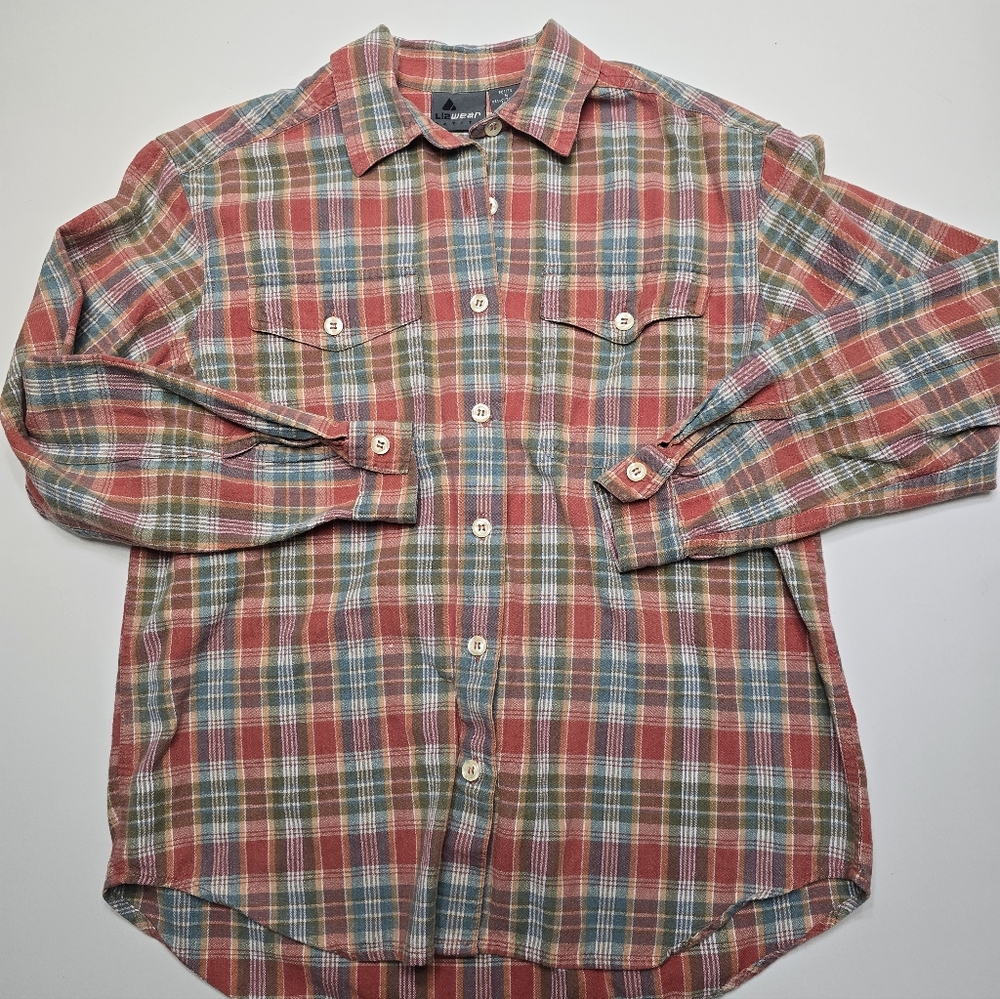 Ladies Lizwear Multicolor Green and Orange Plaid Button Down Shirt